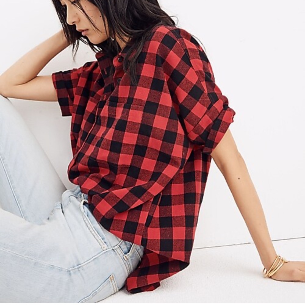 Madewell Plaid Flannel Shirt Black Red Buffalo Check Oversized Fit Women’s Small